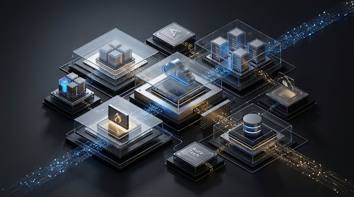 A high-end 3D render of an enterprise website architecture represented as glowing server stacks and interconnected nodes floating in a dark, atmospheric void, illuminated by blue and gold cinematic lighting, conveying sophisticated technology and scalable infrastructure.