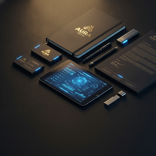 Brand identity assets displayed in a dark, high-end technical environment, featuring glowing blue accents on business cards, a tablet showing analytical dashboards, a notebook, and sleek metallic pens and USB drives, arranged geometrically on a dark matte surface.