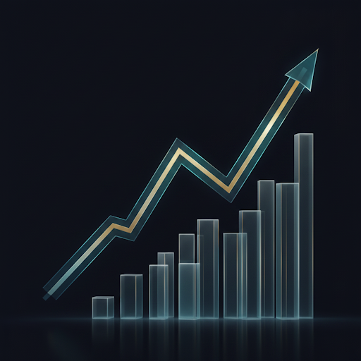 A minimalist 3D tech illustration of a rising geometric growth arrow in translucent blue and gold.