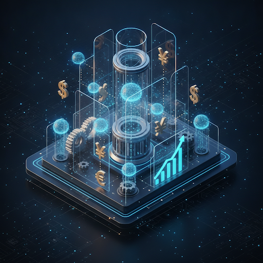 Technical 3D render of a futuristic data engine with glowing blue nodes, holographic floating currency symbols, and mechanical gears set against a dark grid background, symbolizing a data-driven marketing machine.