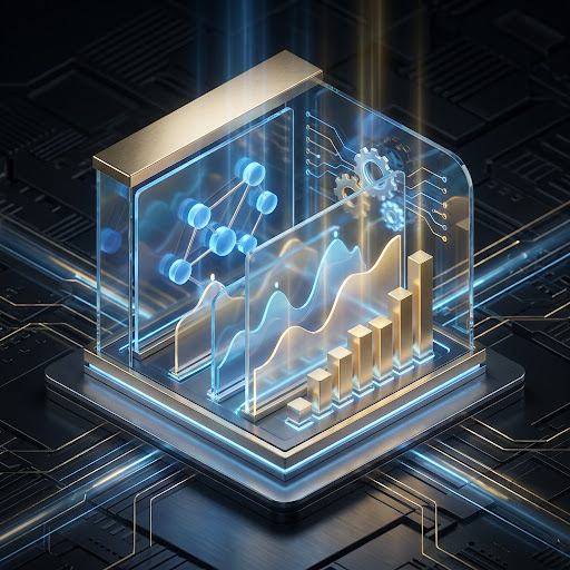 Abstract 3D visualization of search algorithm structures and data nodes connected by glowing lines in a dark high-tech environment.